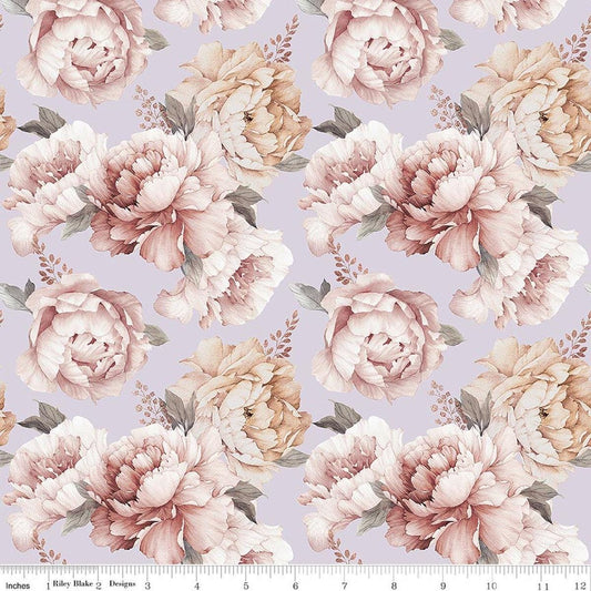 Image of Daybreak on the Prairie Peonies Purple quilting cotton fabric by Modern Prairie for Riley Blake Designs. Features flowers on a purple background. Cute Little Fabric Shop.