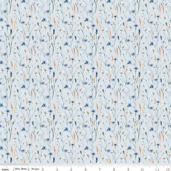 Image of Daybreak on the Prairie Wildflowers Blue quilting cotton fabric by Modern Prairie for Riley Blake Designs. Features flowers on a blue background. Cute Little Fabric Shop.