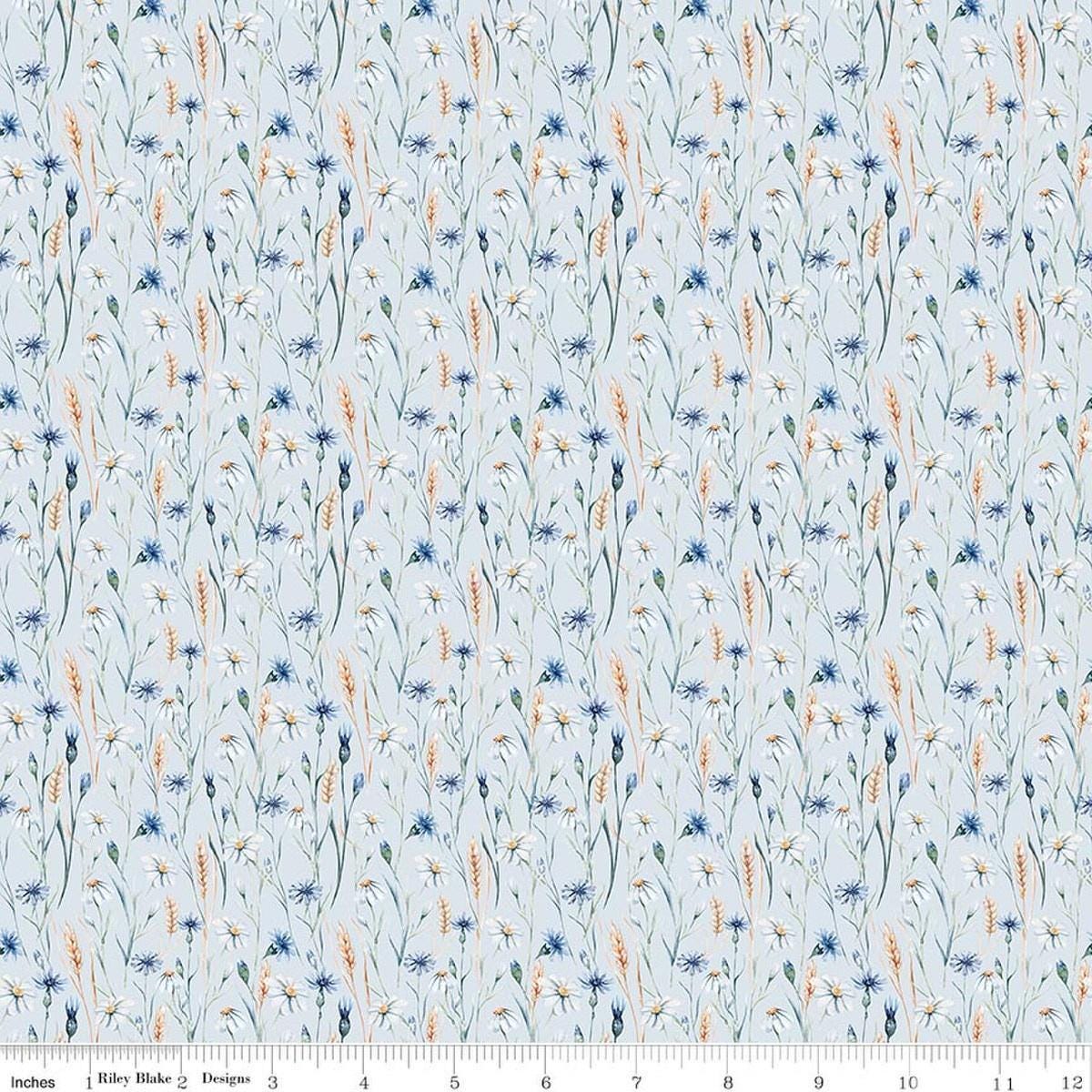 Image of Daybreak on the Prairie Wildflowers Blue quilting cotton fabric by Modern Prairie for Riley Blake Designs. Features flowers on a blue background. Cute Little Fabric Shop.