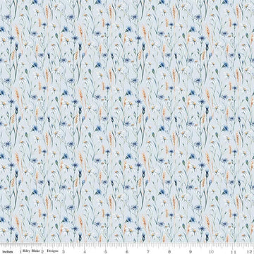 Image of Daybreak on the Prairie Wildflowers Blue quilting cotton fabric by Modern Prairie for Riley Blake Designs. Features flowers on a blue background. Cute Little Fabric Shop.