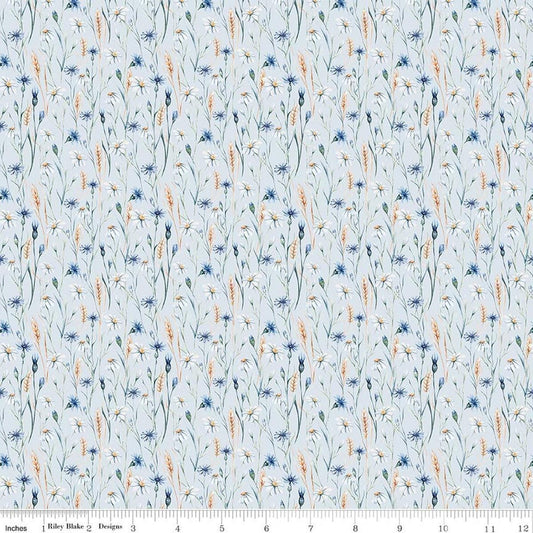 Image of Daybreak on the Prairie Wildflowers Blue quilting cotton fabric by Modern Prairie for Riley Blake Designs. Features flowers on a blue background. Cute Little Fabric Shop.