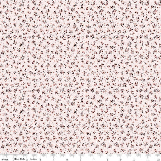 Image of Daybreak on the Prairie Ditsy Pink quilting cotton fabric by Modern Prairie for Riley Blake Designs. Features flowers on a pink background. Cute Little Fabric Shop.
