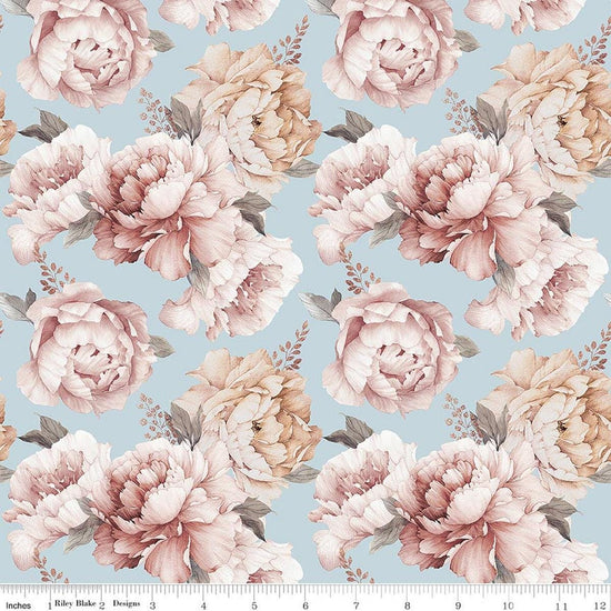 Image of Daybreak on the Prairie Peonies Blue quilting cotton fabric by Modern Prairie for Riley Blake Designs. Features flowers on a blue background. Cute Little Fabric Shop.