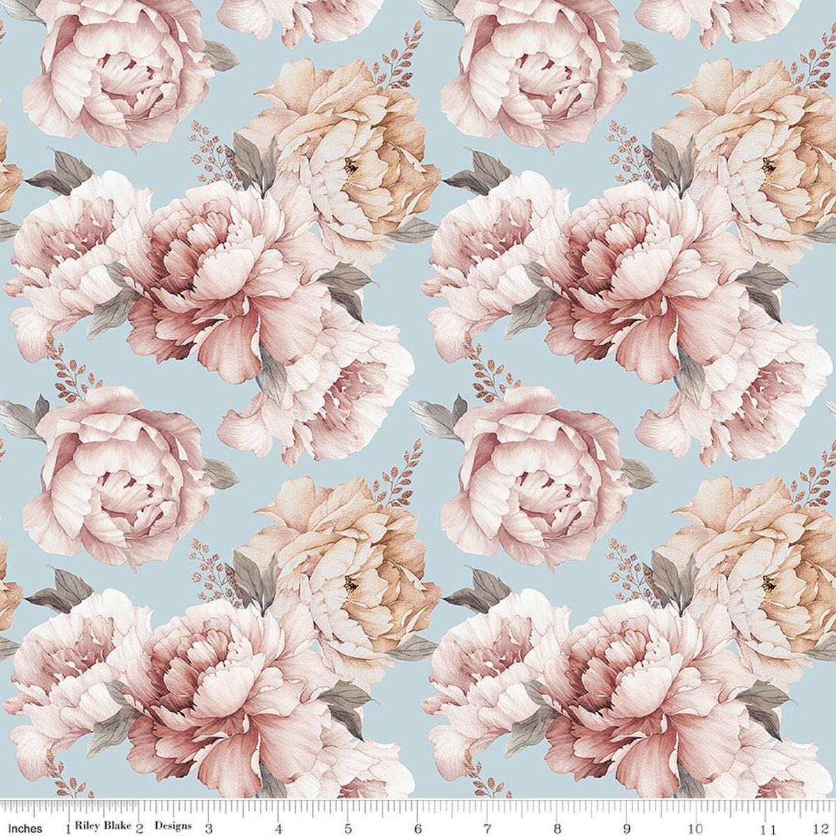 Image of Daybreak on the Prairie Peonies Blue quilting cotton fabric by Modern Prairie for Riley Blake Designs. Features flowers on a blue background. Cute Little Fabric Shop.