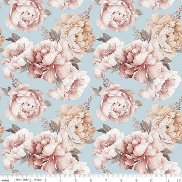 Image of Daybreak on the Prairie Peonies Blue quilting cotton fabric by Modern Prairie for Riley Blake Designs. Features flowers on a blue background. Cute Little Fabric Shop.