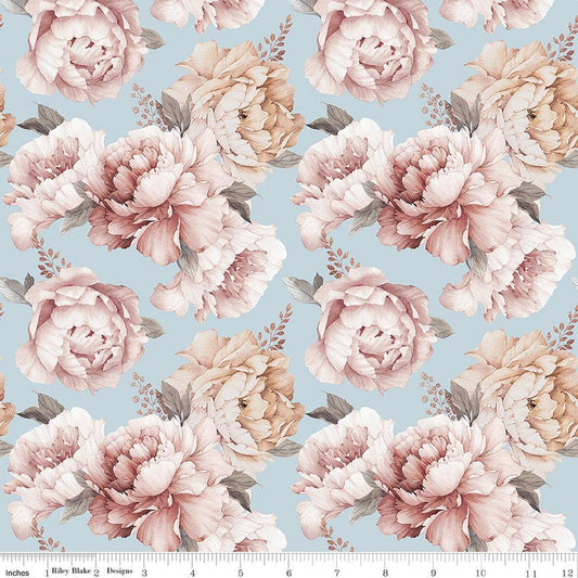 Image of Daybreak on the Prairie Peonies Blue quilting cotton fabric by Modern Prairie for Riley Blake Designs. Features flowers on a blue background. Cute Little Fabric Shop.