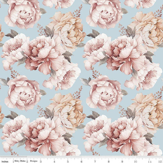 Image of Daybreak on the Prairie Peonies Blue quilting cotton fabric by Modern Prairie for Riley Blake Designs. Features flowers on a blue background. Cute Little Fabric Shop.