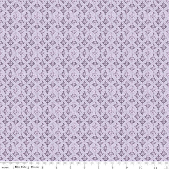 Image of Daybreak on the Prairie Geo Purple quilting cotton fabric by Modern Prairie for Riley Blake Designs. Features flowers on a purple background. Cute Little Fabric Shop.