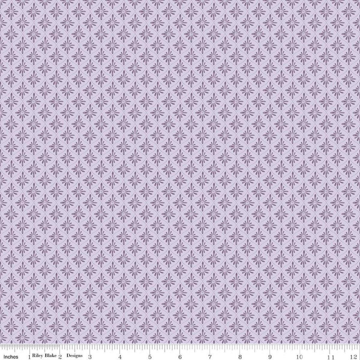 Image of Daybreak on the Prairie Geo Purple quilting cotton fabric by Modern Prairie for Riley Blake Designs. Features flowers on a purple background. Cute Little Fabric Shop.