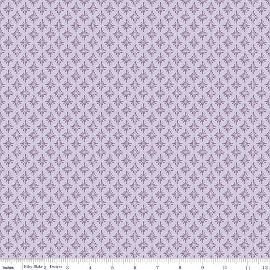 Image of Daybreak on the Prairie Geo Purple quilting cotton fabric by Modern Prairie for Riley Blake Designs. Features flowers on a purple background. Cute Little Fabric Shop.