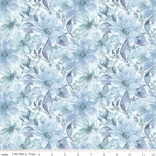 Image of Daybreak on the Prairie Floral Blue quilting cotton fabric by Modern Prairie for Riley Blake Designs. Features flowers on a blue background. Cute Little Fabric Shop.