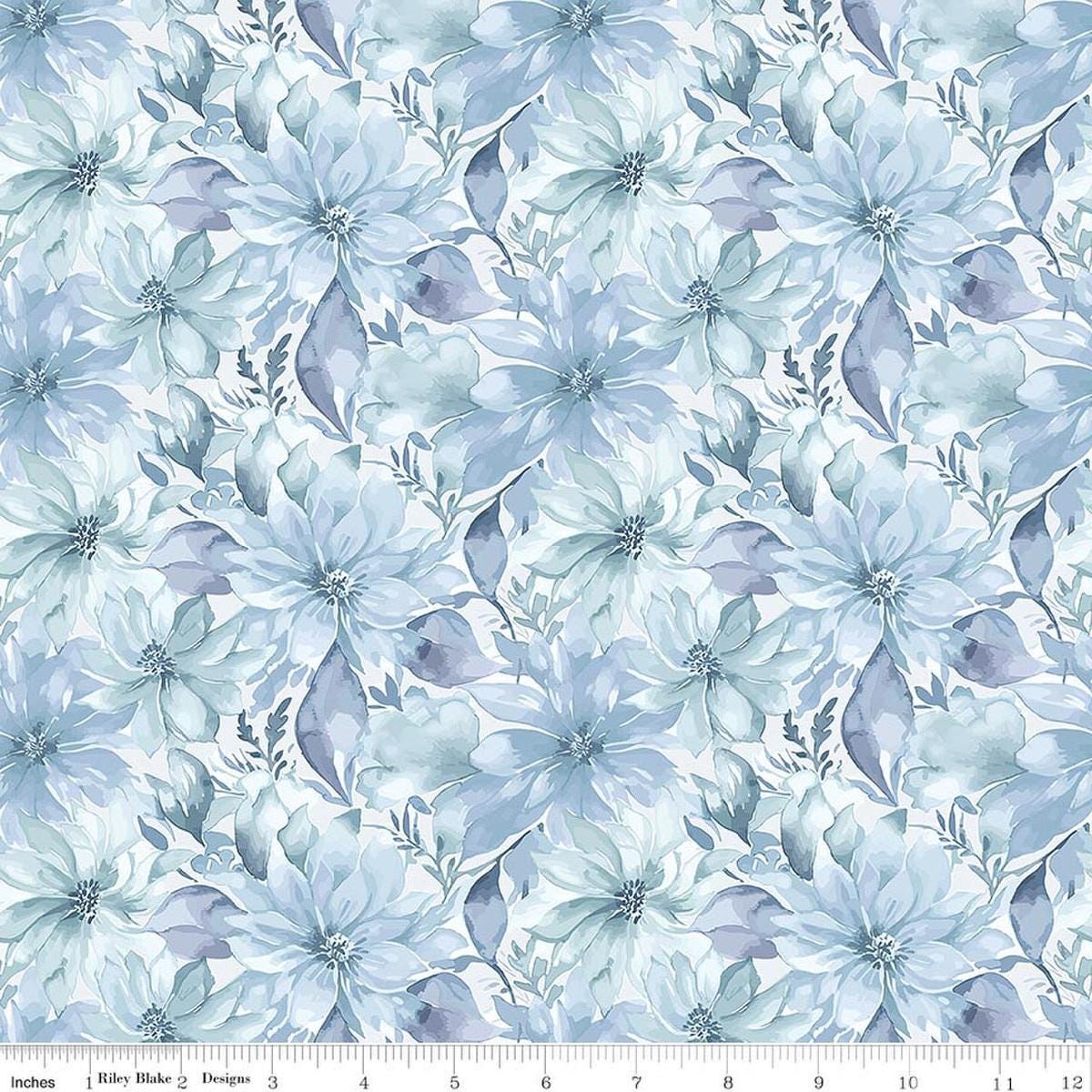 Image of Daybreak on the Prairie Floral Blue quilting cotton fabric by Modern Prairie for Riley Blake Designs. Features flowers on a blue background. Cute Little Fabric Shop.
