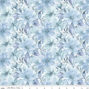 Image of Daybreak on the Prairie Floral Blue quilting cotton fabric by Modern Prairie for Riley Blake Designs. Features flowers on a blue background. Cute Little Fabric Shop.