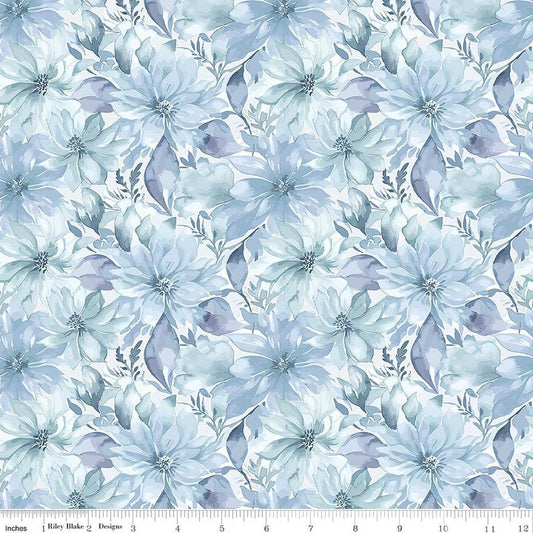 Image of Daybreak on the Prairie Floral Blue quilting cotton fabric by Modern Prairie for Riley Blake Designs. Features flowers on a blue background. Cute Little Fabric Shop.