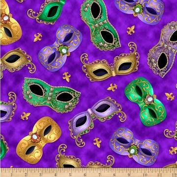 Mardi Gras Tossed Masks Purple Masked Fabrics - 28443 V - QT Fabrics Quilting Cotton Fabric