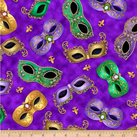 Mardi Gras Tossed Masks Purple Masked Fabrics - 28443 V - QT Fabrics Quilting Cotton Fabric