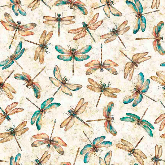 2yd 29" End of Bolt -Serenity Dragonflies Oatmeal Cream Dragonfly Fabric WIDEBACK 108" Wide - 31834 E108 - QT Fabrics Quilting Cotton Fabric