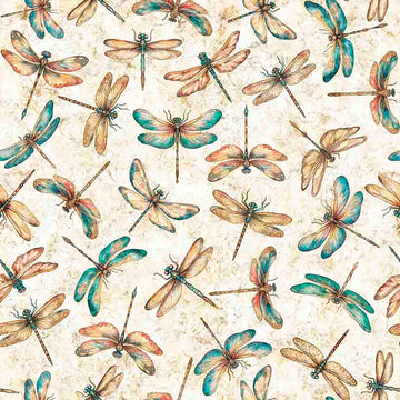 3-Yard Cut - Serenity Dragonflies Oatmeal Cream Dragonfly Fabric WIDEBACK 108" Wide - 31834 E108 - QT Fabrics Quilting Cotton Fabric