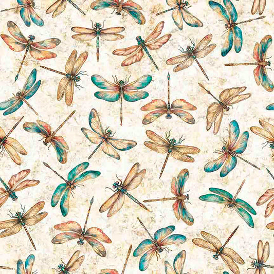 3-Yard Cut - Serenity Dragonflies Oatmeal Cream Dragonfly Fabric WIDEBACK 108" Wide - 31834 E108 - QT Fabrics Quilting Cotton Fabric
