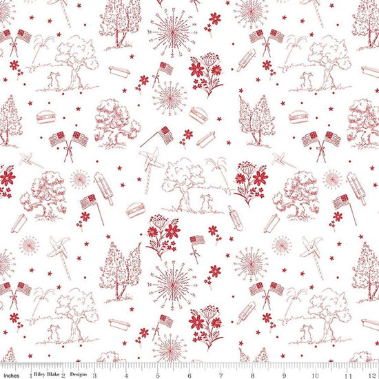 Image of Firework Fields Independence Toile White quilting cotton fabric by Gracey Larson for Riley Blake Designs. Features nature on a white background. Cute Little Fabric Shop.