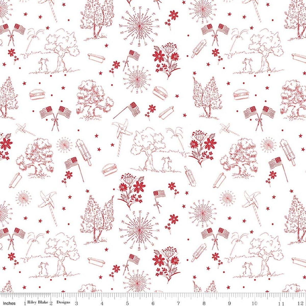 Image of Firework Fields Independence Toile White quilting cotton fabric by Gracey Larson for Riley Blake Designs. Features nature on a white background. Cute Little Fabric Shop.