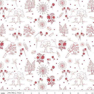 Image of Firework Fields Independence Toile White quilting cotton fabric by Gracey Larson for Riley Blake Designs. Features nature on a white background. Cute Little Fabric Shop.