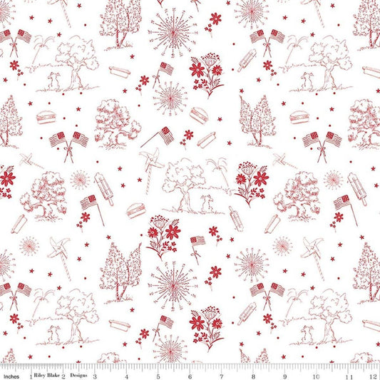 Image of Firework Fields Independence Toile White quilting cotton fabric by Gracey Larson for Riley Blake Designs. Features nature on a white background. Cute Little Fabric Shop.