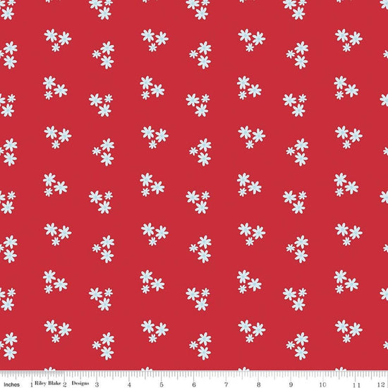 Image of Firework Fields Floral Red quilting cotton fabric by Gracey Larson for Riley Blake Designs. Features flowers on a red background. Cute Little Fabric Shop.