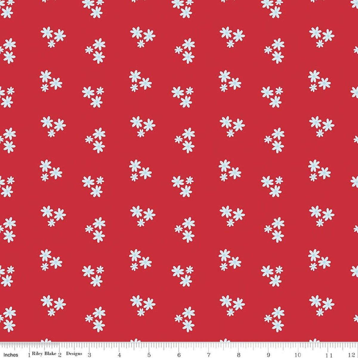 Image of Firework Fields Floral Red quilting cotton fabric by Gracey Larson for Riley Blake Designs. Features flowers on a red background. Cute Little Fabric Shop.