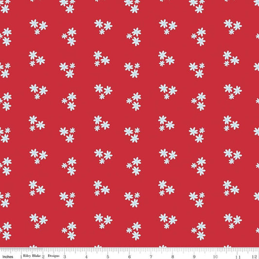 Image of Firework Fields Floral Red quilting cotton fabric by Gracey Larson for Riley Blake Designs. Features flowers on a red background. Cute Little Fabric Shop.