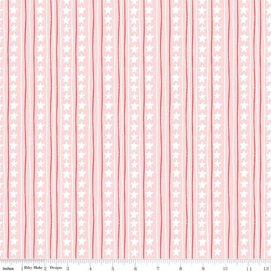 Image of Firework Fields Stars and Stripes Pink quilting cotton fabric by Gracey Larson for Riley Blake Designs. Features stripes on a pink background. Cute Little Fabric Shop.