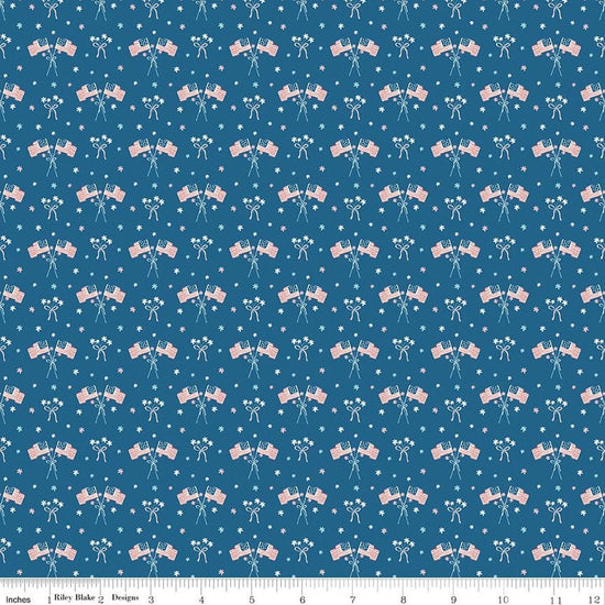 Image of Firework Fields Flags Coastal Blue quilting cotton fabric by Gracey Larson for Riley Blake Designs. Features american flags on a blue background. Cute Little Fabric Shop.