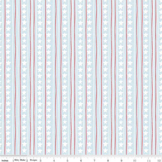 Image of Firework Fields Stars and Stripes Light Blue quilting cotton fabric by Gracey Larson for Riley Blake Designs. Features stripes on a blue background. Cute Little Fabric Shop.