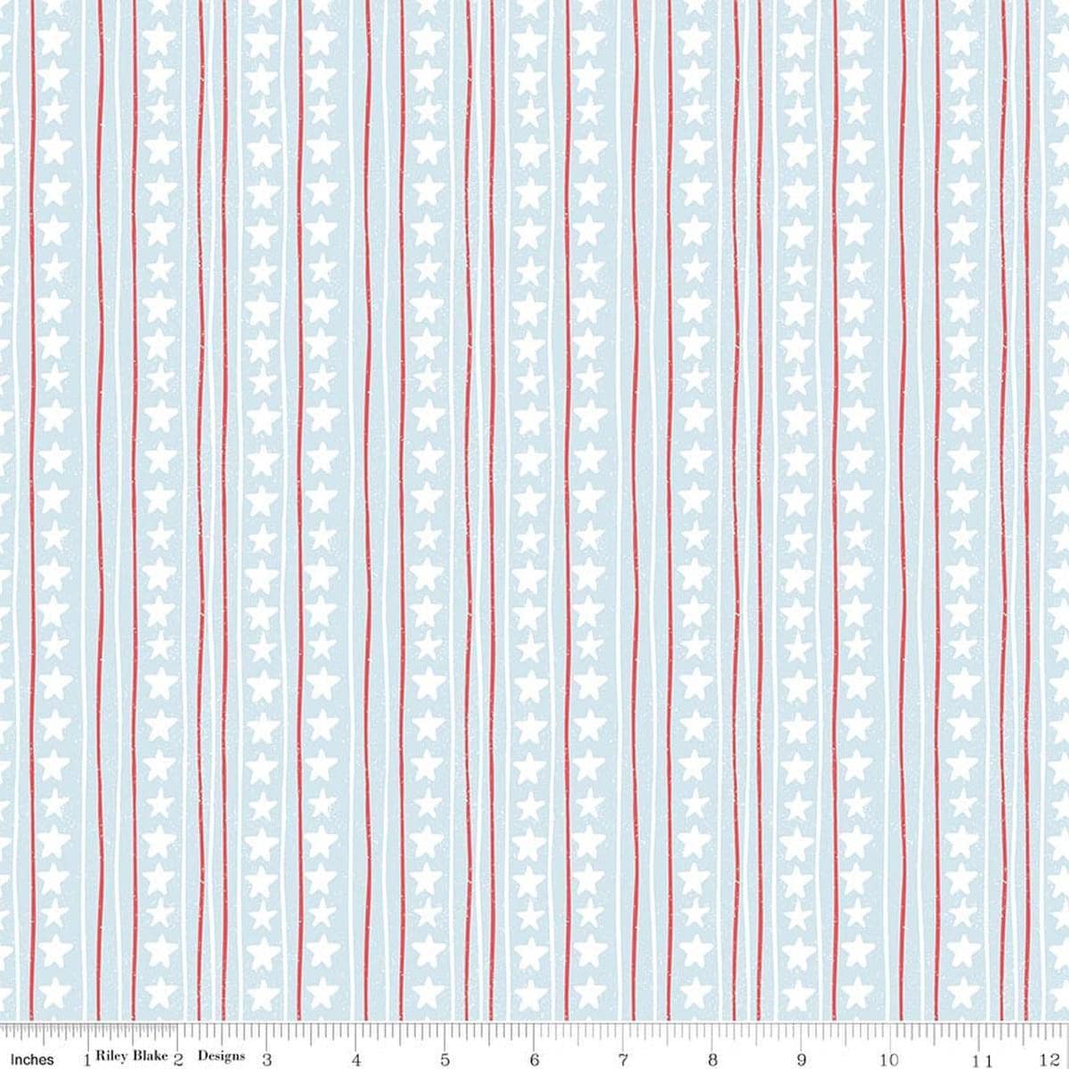 Image of Firework Fields Stars and Stripes Light Blue quilting cotton fabric by Gracey Larson for Riley Blake Designs. Features stripes on a blue background. Cute Little Fabric Shop.