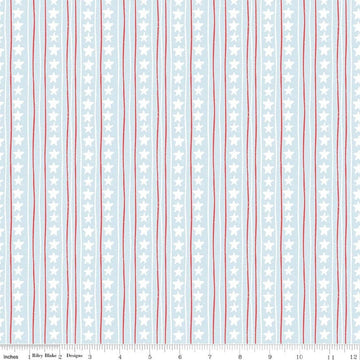 Image of Firework Fields Stars and Stripes Light Blue quilting cotton fabric by Gracey Larson for Riley Blake Designs. Features stripes on a blue background. Cute Little Fabric Shop.