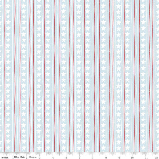 Image of Firework Fields Stars and Stripes Light Blue quilting cotton fabric by Gracey Larson for Riley Blake Designs. Features stripes on a blue background. Cute Little Fabric Shop.
