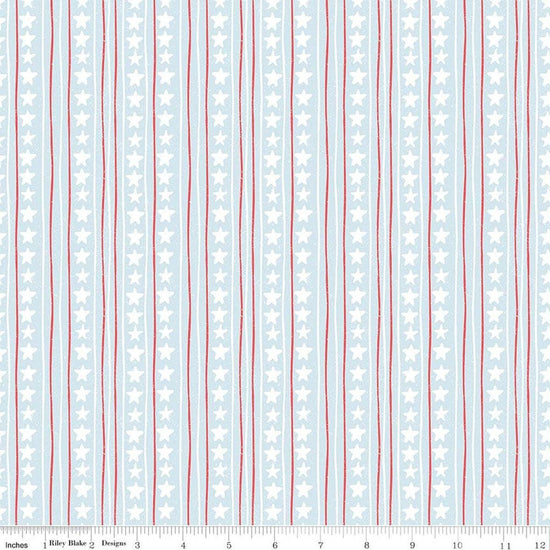 Image of Firework Fields Stars and Stripes Light Blue quilting cotton fabric by Gracey Larson for Riley Blake Designs. Features stripes on a blue background. Cute Little Fabric Shop.