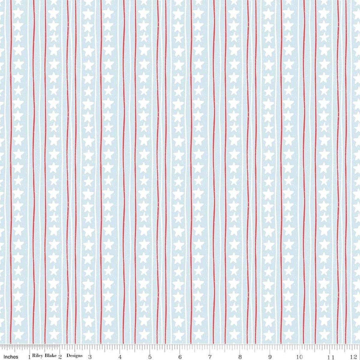 Image of Firework Fields Stars and Stripes Light Blue quilting cotton fabric by Gracey Larson for Riley Blake Designs. Features stripes on a blue background. Cute Little Fabric Shop.