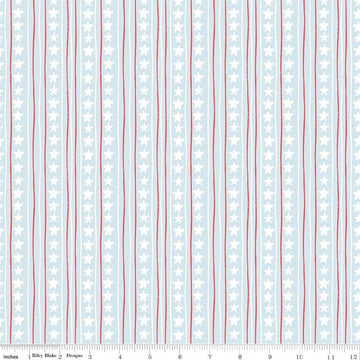 Image of Firework Fields Stars and Stripes Light Blue quilting cotton fabric by Gracey Larson for Riley Blake Designs. Features stripes on a blue background. Cute Little Fabric Shop.