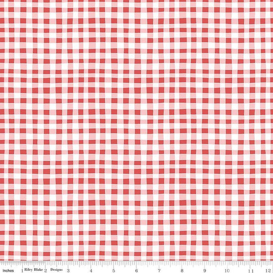Image of Firework Fields Gingham Red quilting cotton fabric by Gracey Larson for Riley Blake Designs. Features gingham on a red background. Cute Little Fabric Shop.