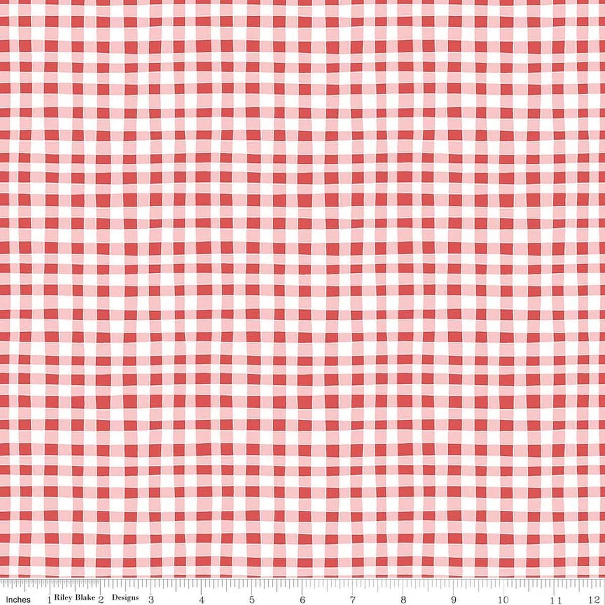 Image of Firework Fields Gingham Red quilting cotton fabric by Gracey Larson for Riley Blake Designs. Features gingham on a red background. Cute Little Fabric Shop.