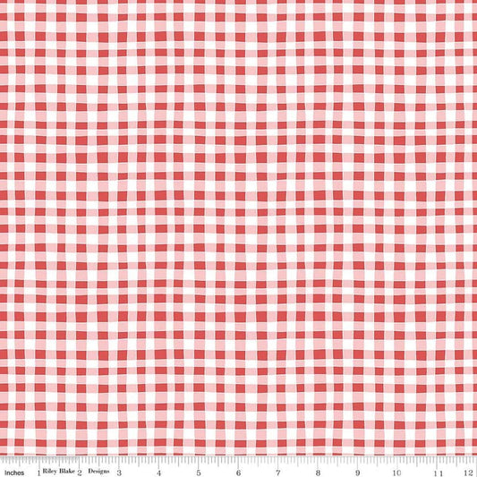 Image of Firework Fields Gingham Red quilting cotton fabric by Gracey Larson for Riley Blake Designs. Features gingham on a red background. Cute Little Fabric Shop.