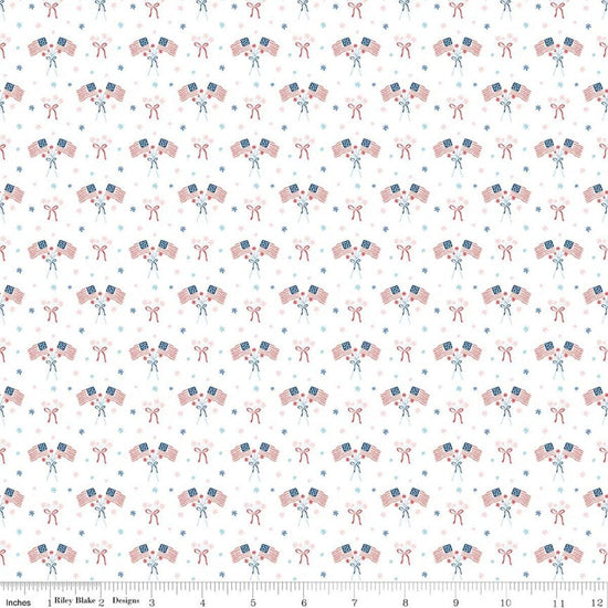 Image of Firework Fields Flags White quilting cotton fabric by Gracey Larson for Riley Blake Designs. Features american flags on a white background. Cute Little Fabric Shop.