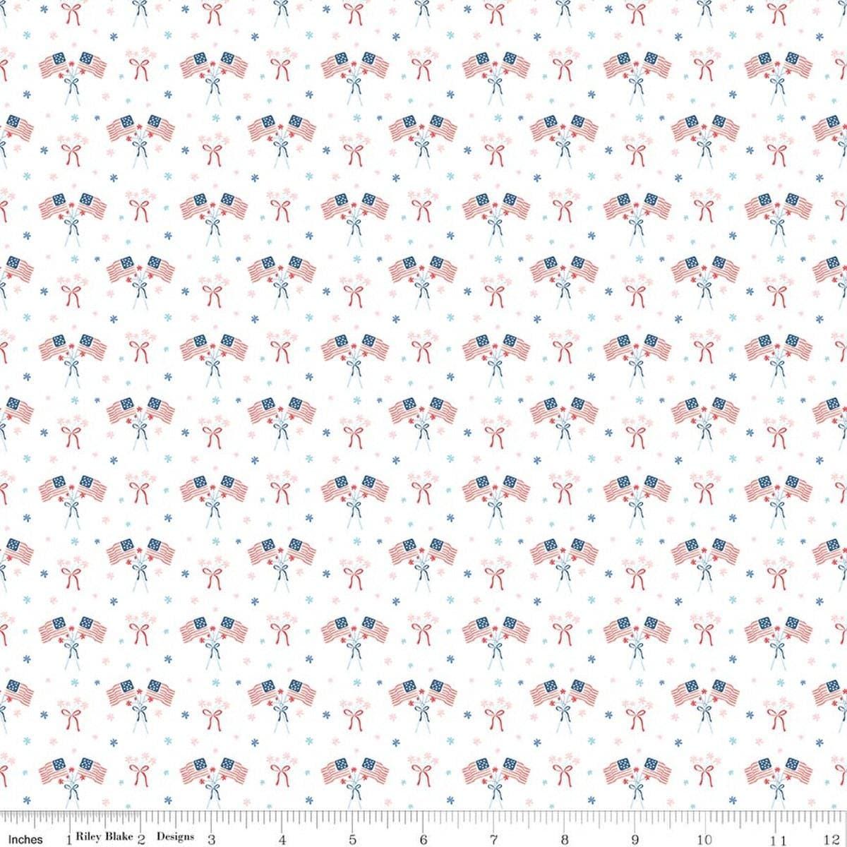 Image of Firework Fields Flags White quilting cotton fabric by Gracey Larson for Riley Blake Designs. Features american flags on a white background. Cute Little Fabric Shop.