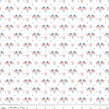 Image of Firework Fields Flags White quilting cotton fabric by Gracey Larson for Riley Blake Designs. Features american flags on a white background. Cute Little Fabric Shop.