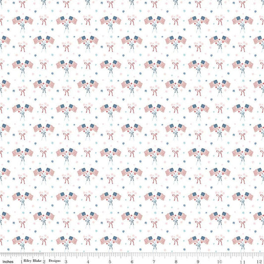Image of Firework Fields Flags White quilting cotton fabric by Gracey Larson for Riley Blake Designs. Features american flags on a white background. Cute Little Fabric Shop.