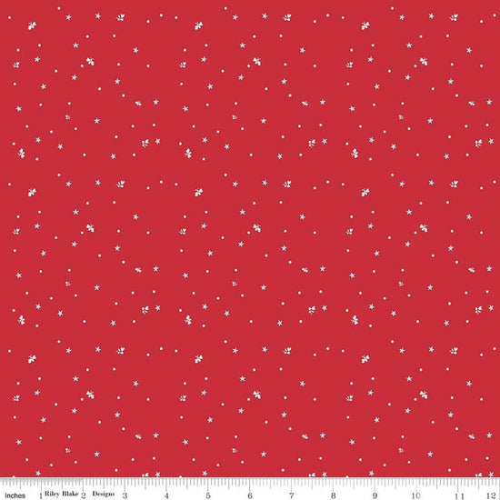 Image of Firework Fields Fireflies Red quilting cotton fabric by Gracey Larson for Riley Blake Designs. Features dots on a red background. Cute Little Fabric Shop.