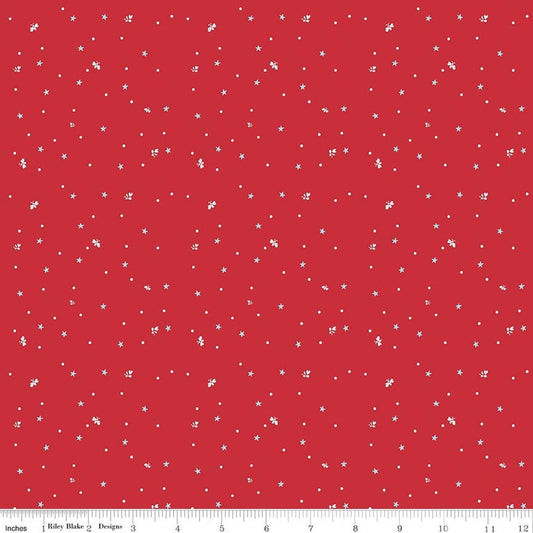 Image of Firework Fields Fireflies Red quilting cotton fabric by Gracey Larson for Riley Blake Designs. Features dots on a red background. Cute Little Fabric Shop.