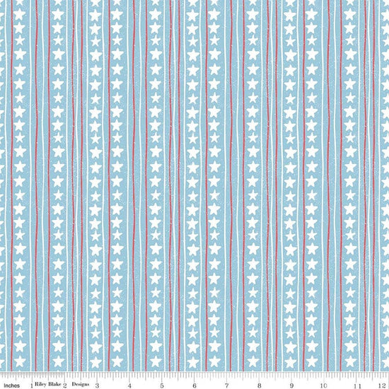 Image of Firework Fields Stars and Stripes Blue quilting cotton fabric by Gracey Larson for Riley Blake Designs. Features stripes on a blue background. Cute Little Fabric Shop.
