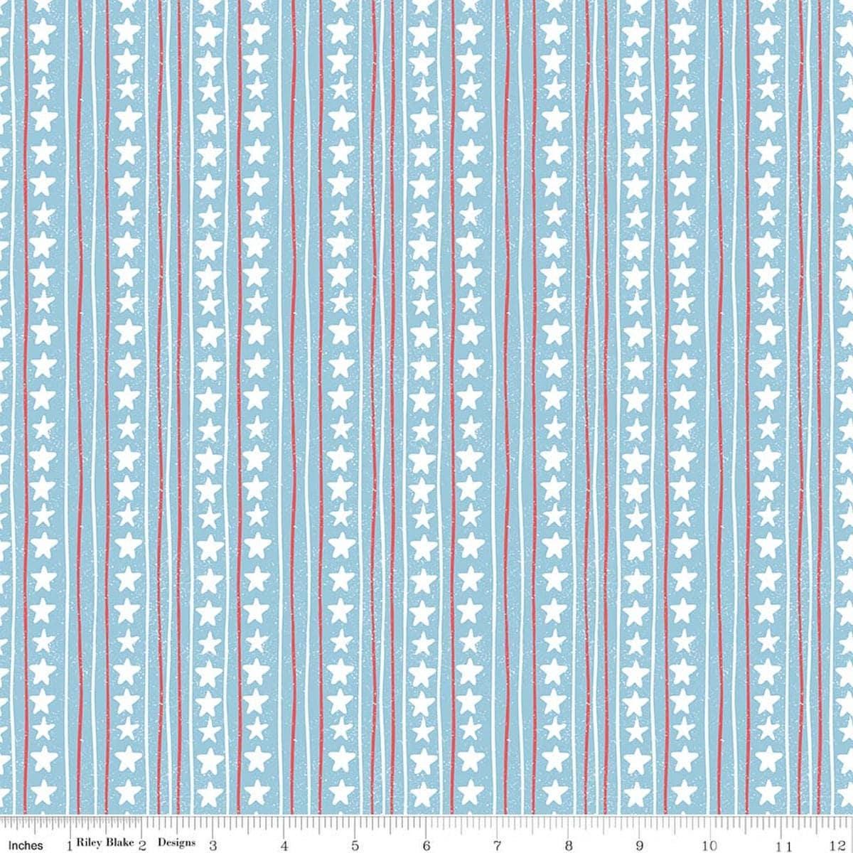 Image of Firework Fields Stars and Stripes Blue quilting cotton fabric by Gracey Larson for Riley Blake Designs. Features stripes on a blue background. Cute Little Fabric Shop.